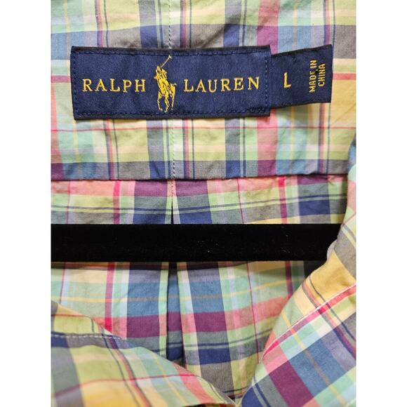 Ralph Lauren men's L cotton button up shirt, yellow multi plaid, preppy casual - Picture 3 of 7